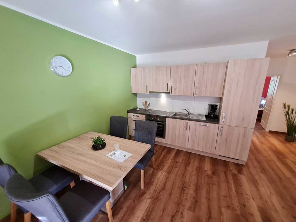 Wohn(Schlaf)-/Esszimmer Moderne-FeWo-Heidetraum-2Z-Wohnzimmer-Kuechenzeile-Esstisch-85qm-Ferienwohnung-Lueneburger-Heide-Niedersachsen-Heideort-Luenzen-Schneverdingen-Ferienhof-Reiterhof